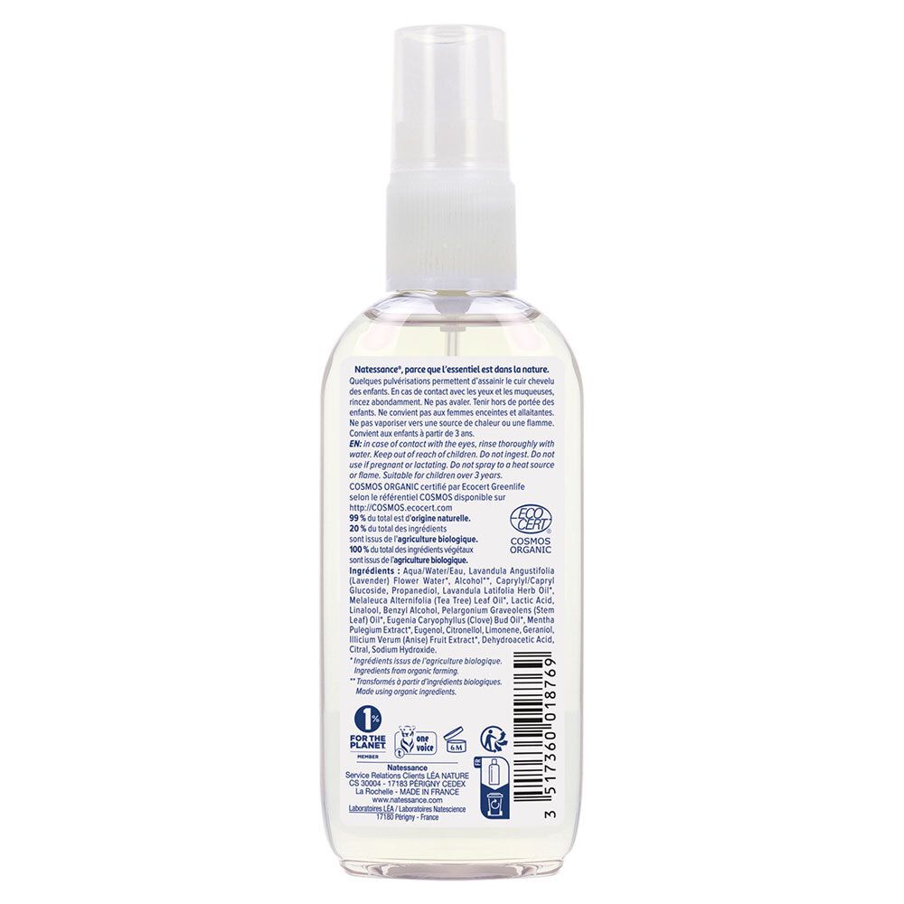 Dos d'un flacon transparent avec vaporisateur. Étiquette avec texte, ingrédients, certification bio et symboles de recyclage.