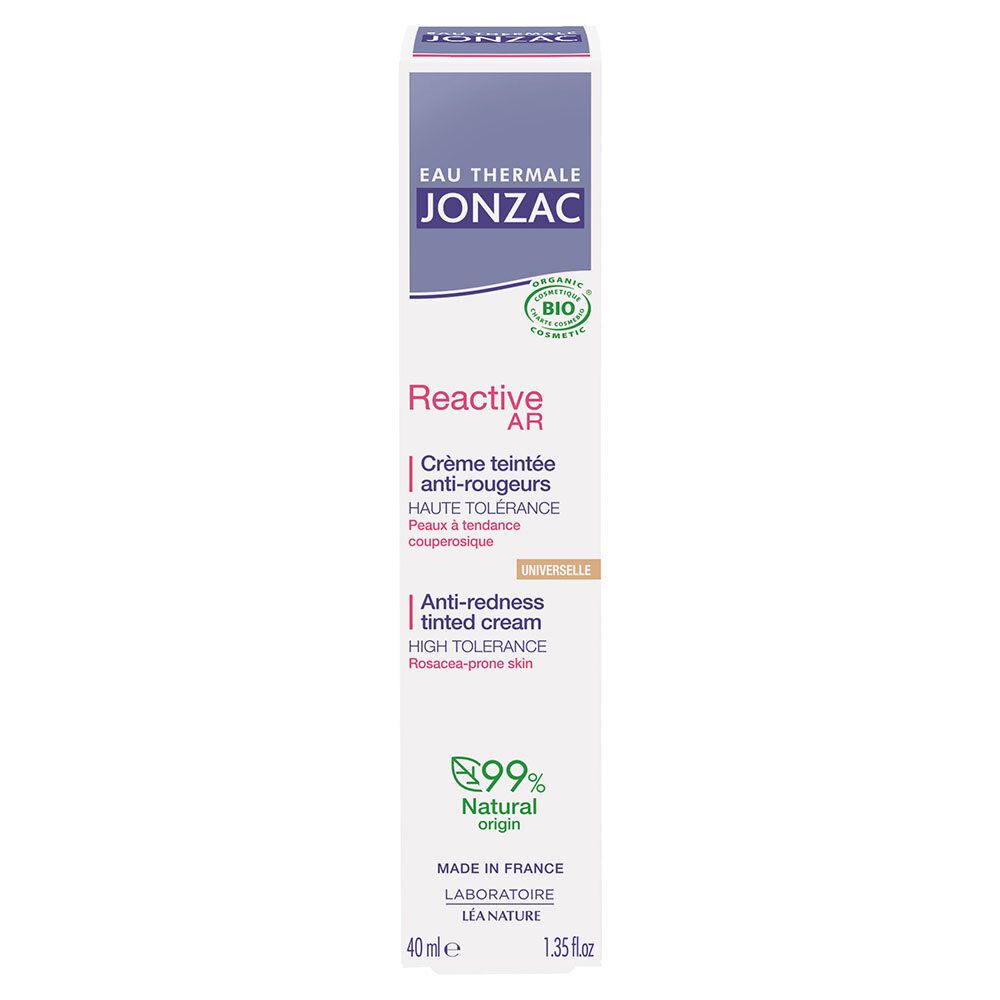 Emballage Jonzac, crème teintée anti-rougeurs. Certification bio. Peaux sensibles. 40ml.