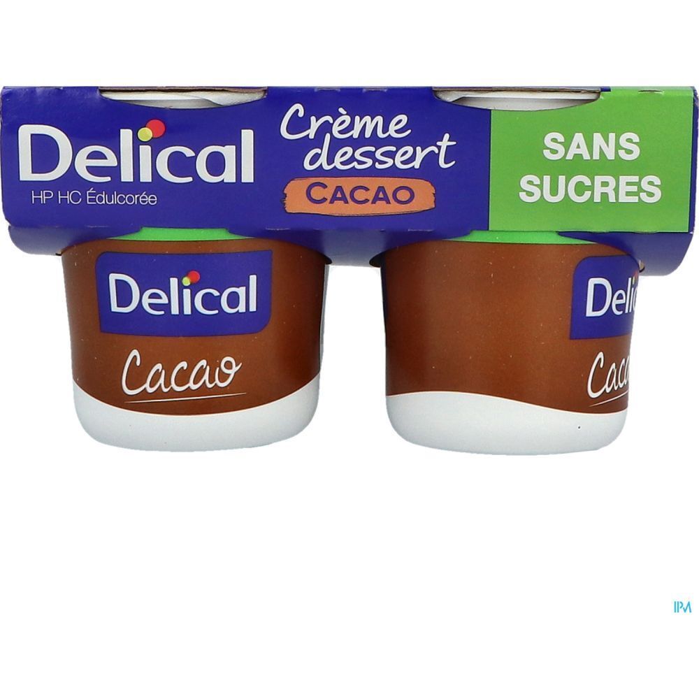 Emballage de quatre pots. Inscription "Delical" et "Crème dessert Cacao Sans Sucres". Pots avec contenu marron.