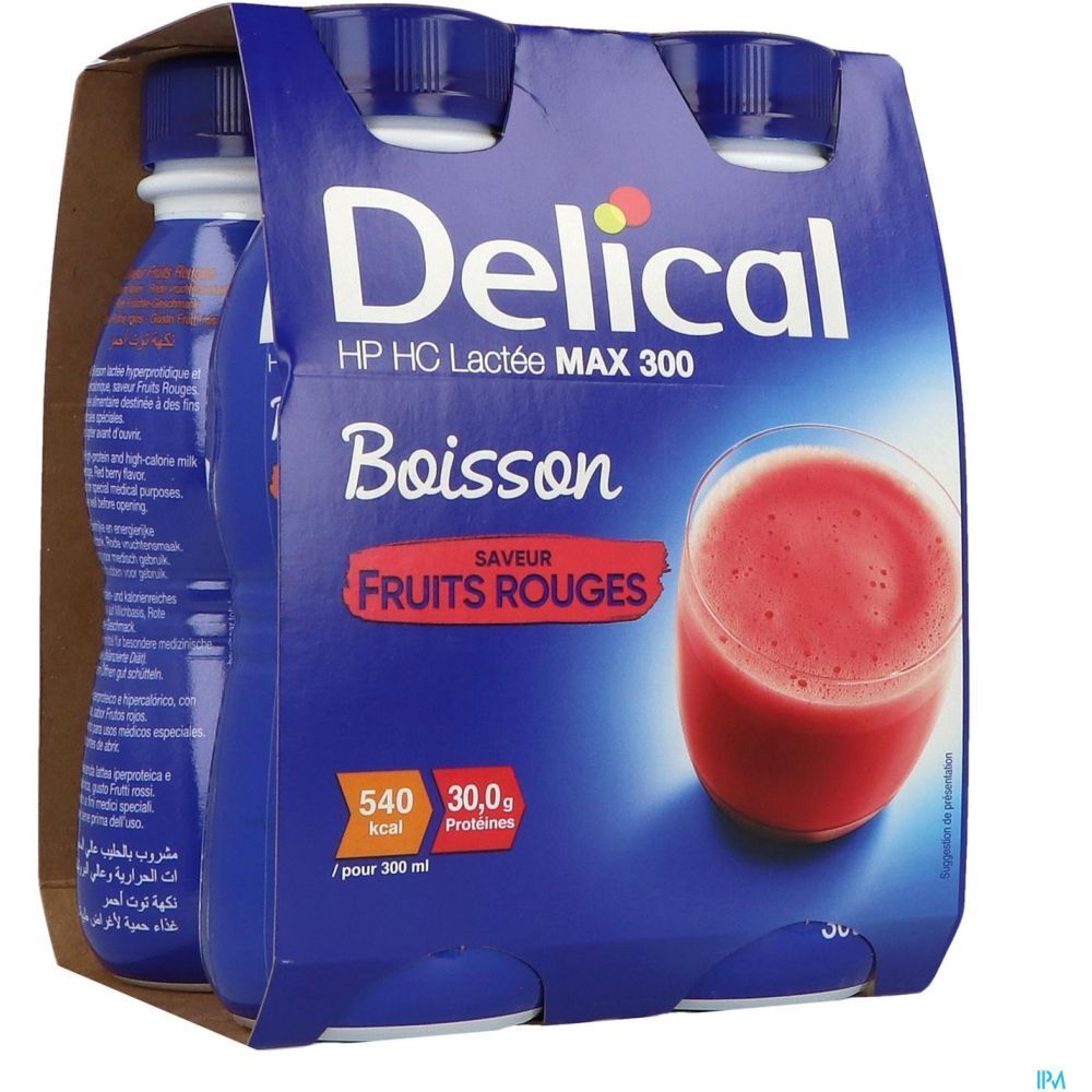 Emballage Delical Boisson Lactée, fruits rouges. Pack de 4 bouteilles bleues. Nom du produit et informations nutritionnelles.