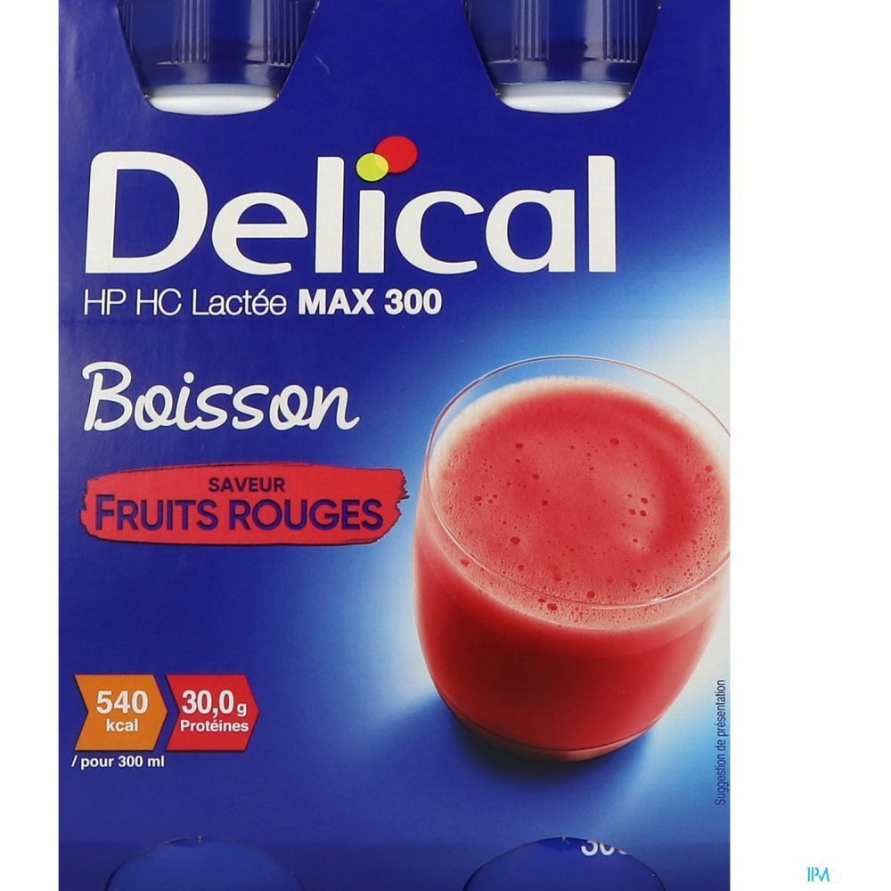 Gros plan Delical Boisson Lactée, fruits rouges. Emballage bleu avec nom du produit, informations nutritionnelles et verre.