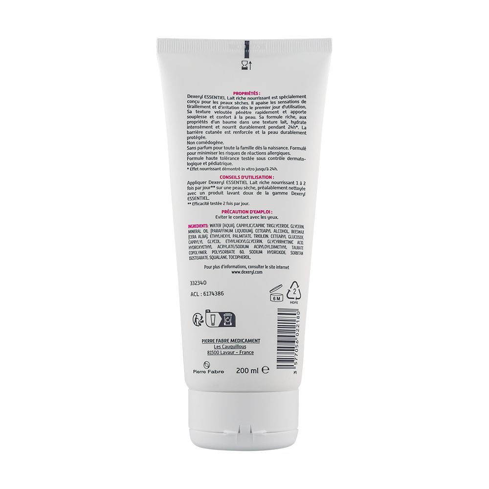 Dos d'un tube blanc. Texte en français. Ingrédients, conseils d'utilisation et informations du fabricant. 200 ml. Sans parfum.