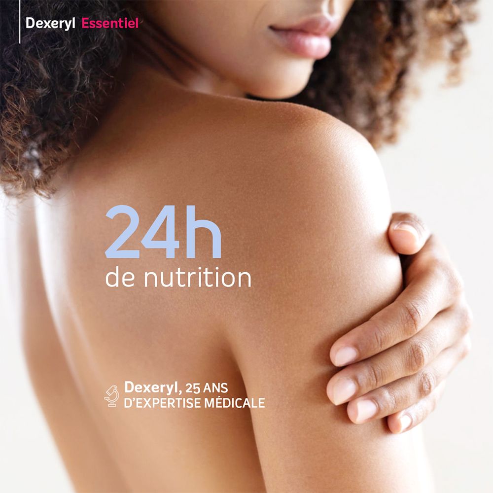 Personne de dos. Texte : 24h de nutrition. Dexeryl, 25 ans d'expertise médicale. Soin de la peau.