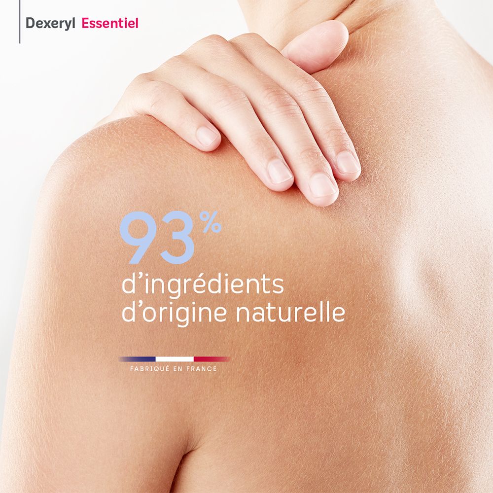 Personne de dos. Texte : 93% d'ingrédients d'origine naturelle. Fabriqué en France. Soin de la peau.