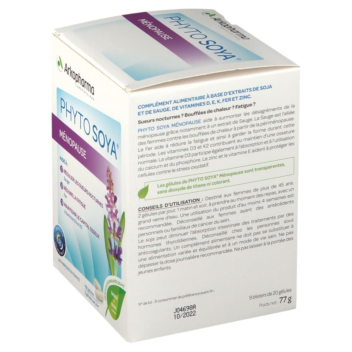 Emballage produit PHYTO SOYA® Ménopause. Texte: Complément alimentaire à base d'extraits de soja, vitamines D, K, fer et zinc.