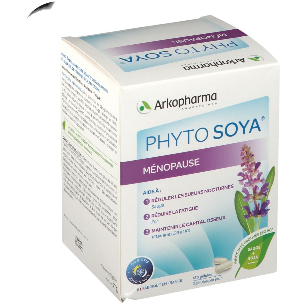 Boîte blanche PHYTO SOYA® Ménopause. Logo Arkopharma. Inscription: 180 gélules, 2 par jour. Illustration de fleur.