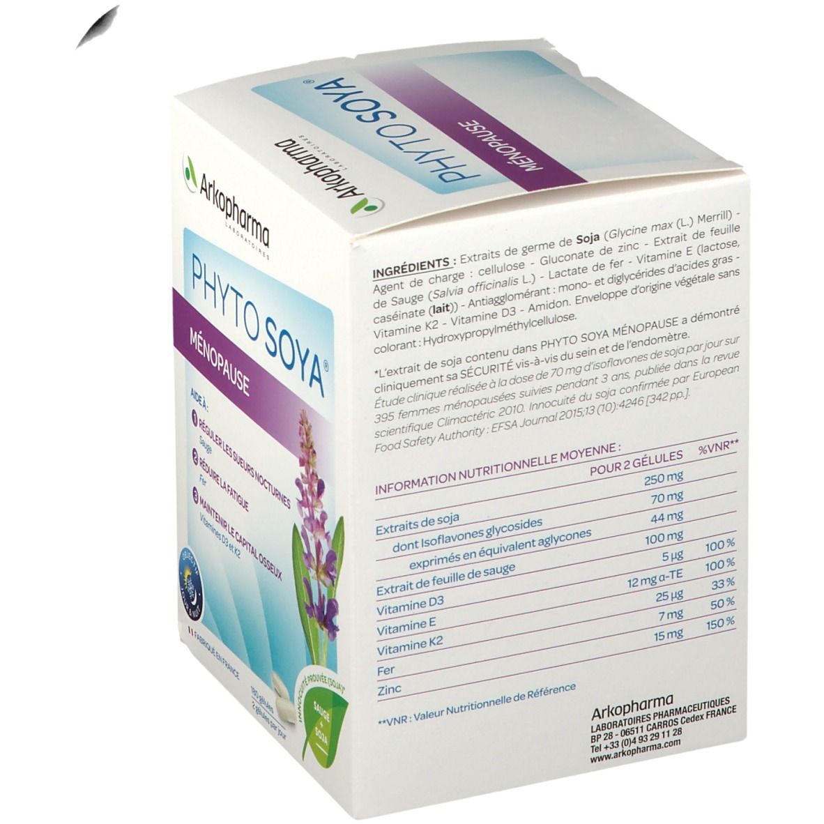 Emballage produit PHYTO SOYA® Ménopause. Dos avec ingrédients et informations nutritionnelles. Logo Arkopharma.