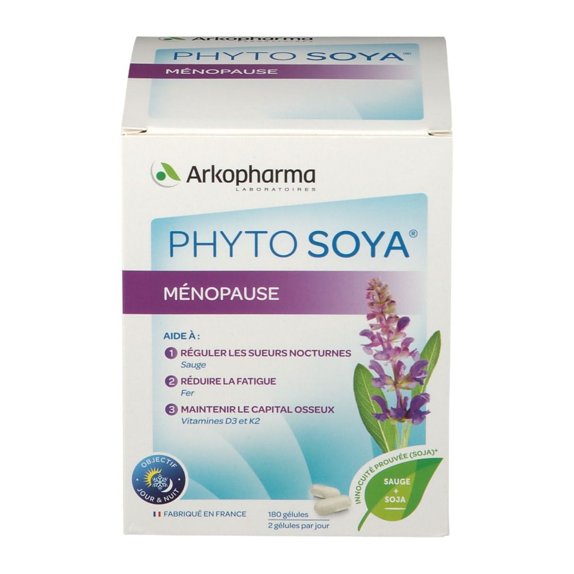 Boîte blanche PHYTO SOYA® Ménopause. Logo Arkopharma. Inscription: 180 gélules, 2 par jour. Illustration de fleur.