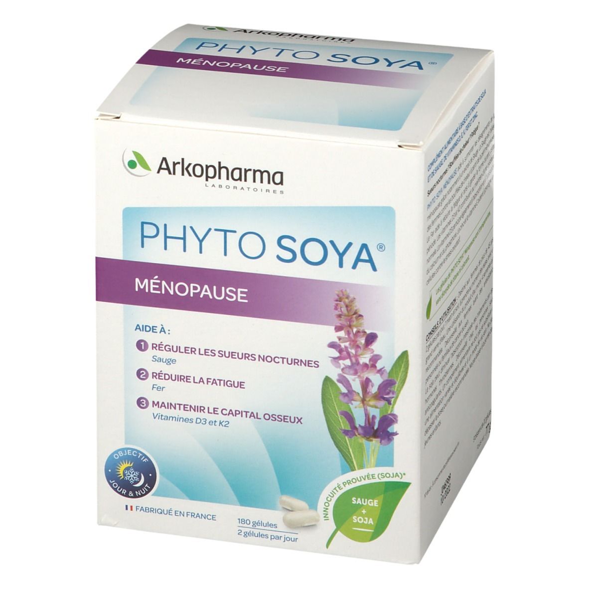 Boîte blanche PHYTO SOYA® Ménopause. Logo Arkopharma. Inscription: 180 gélules, 2 par jour. Illustration de fleur.