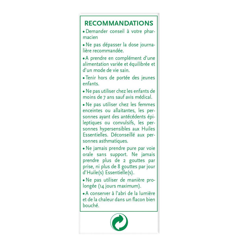 Texte sur l'emballage: Recommandations, dosage, conseils d'utilisation, avertissements.