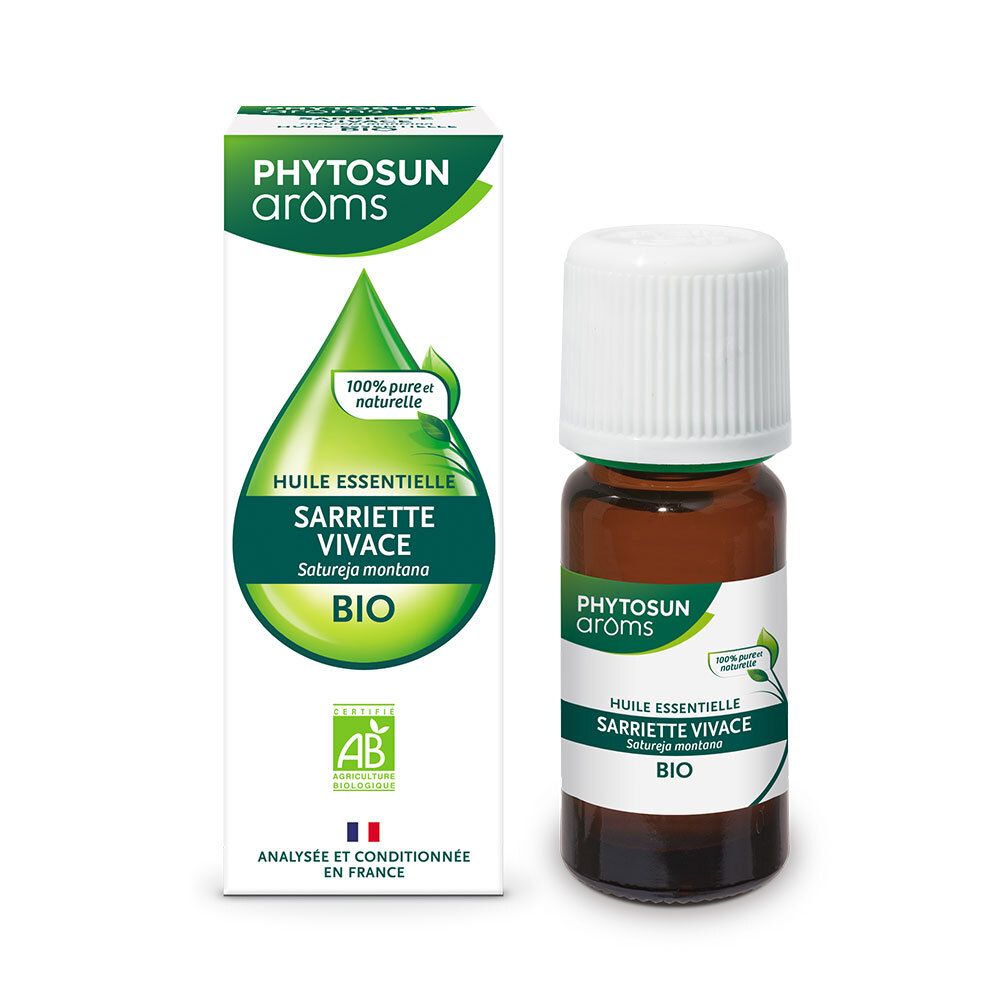 Produkt und Verpackung. Aufschrift: PHYTOSUN aroms, Huile essentielle Sarriette vivace BIO. Mit AB-Siegel. 100% rein und natürlich.