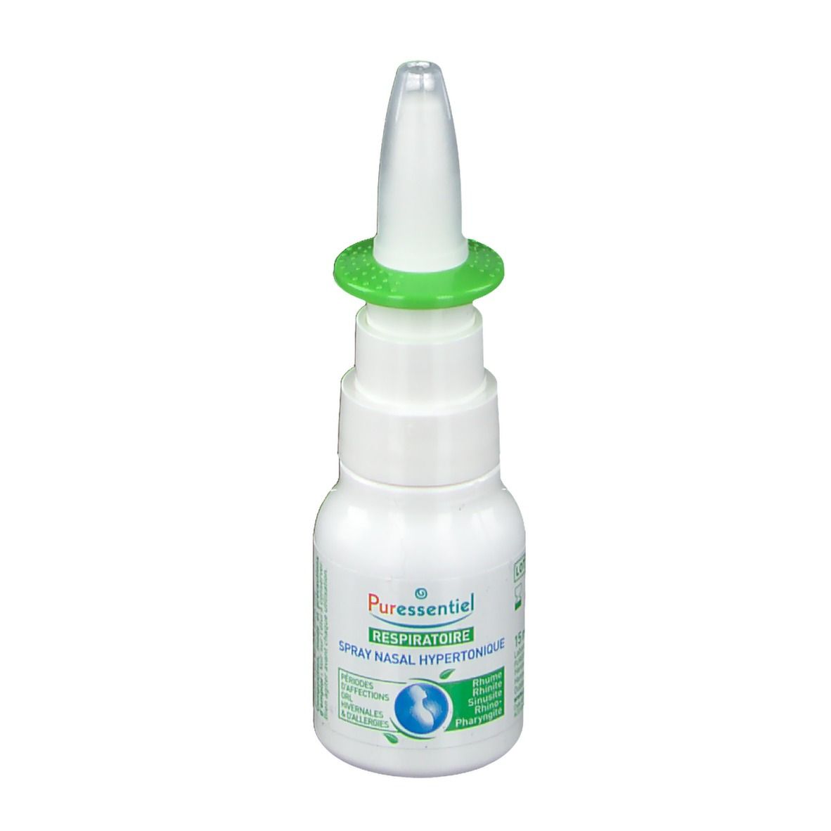 Spray nasal blanc, bague verte et embout. Inscription: Puressentiel Respiratoire Spray nasal hypertonique.