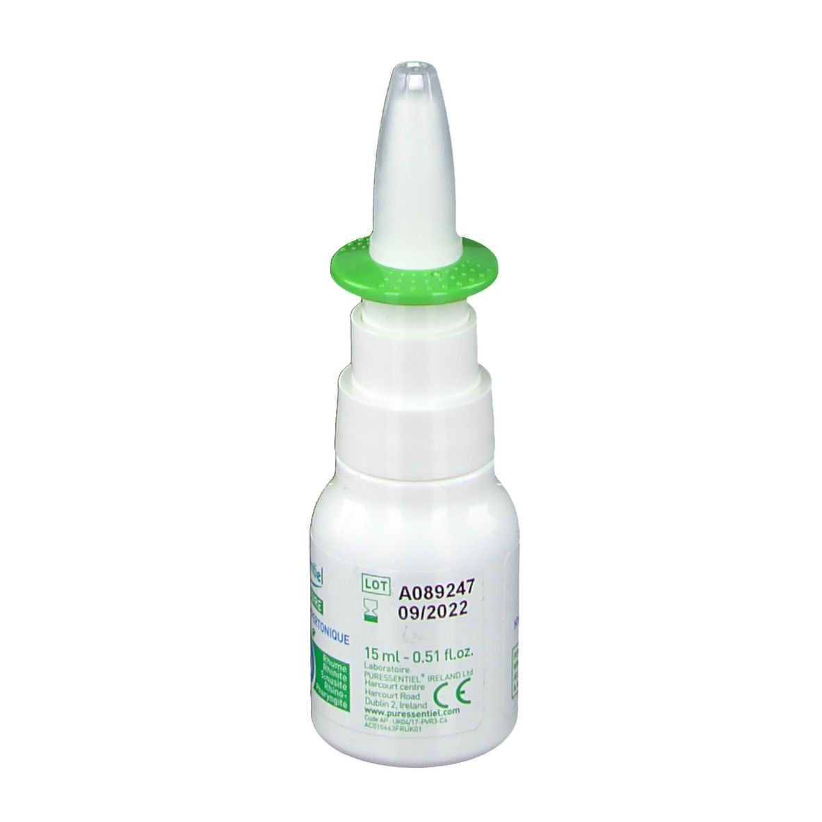 Spray nasal blanc, bague verte et embout. Impression: LOT A089247 09/2022, 15 ml - 0.51 fl.oz.