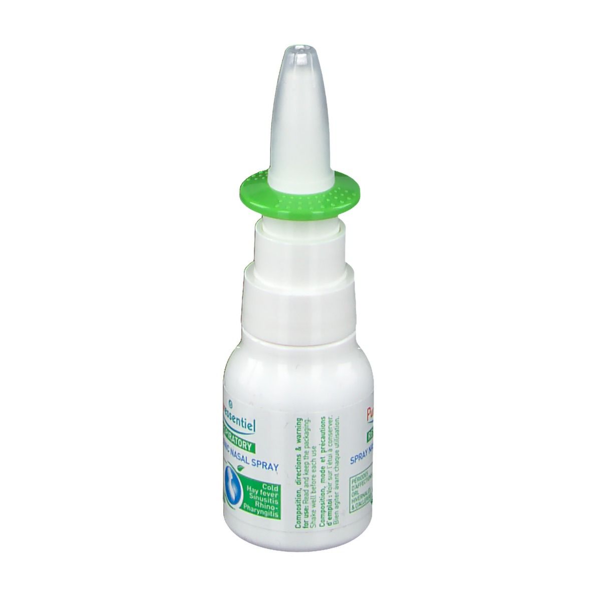 Spray nasal blanc, bague verte et embout. Inscription: Puressentiel Respiratoire Spray nasal hypertonique.