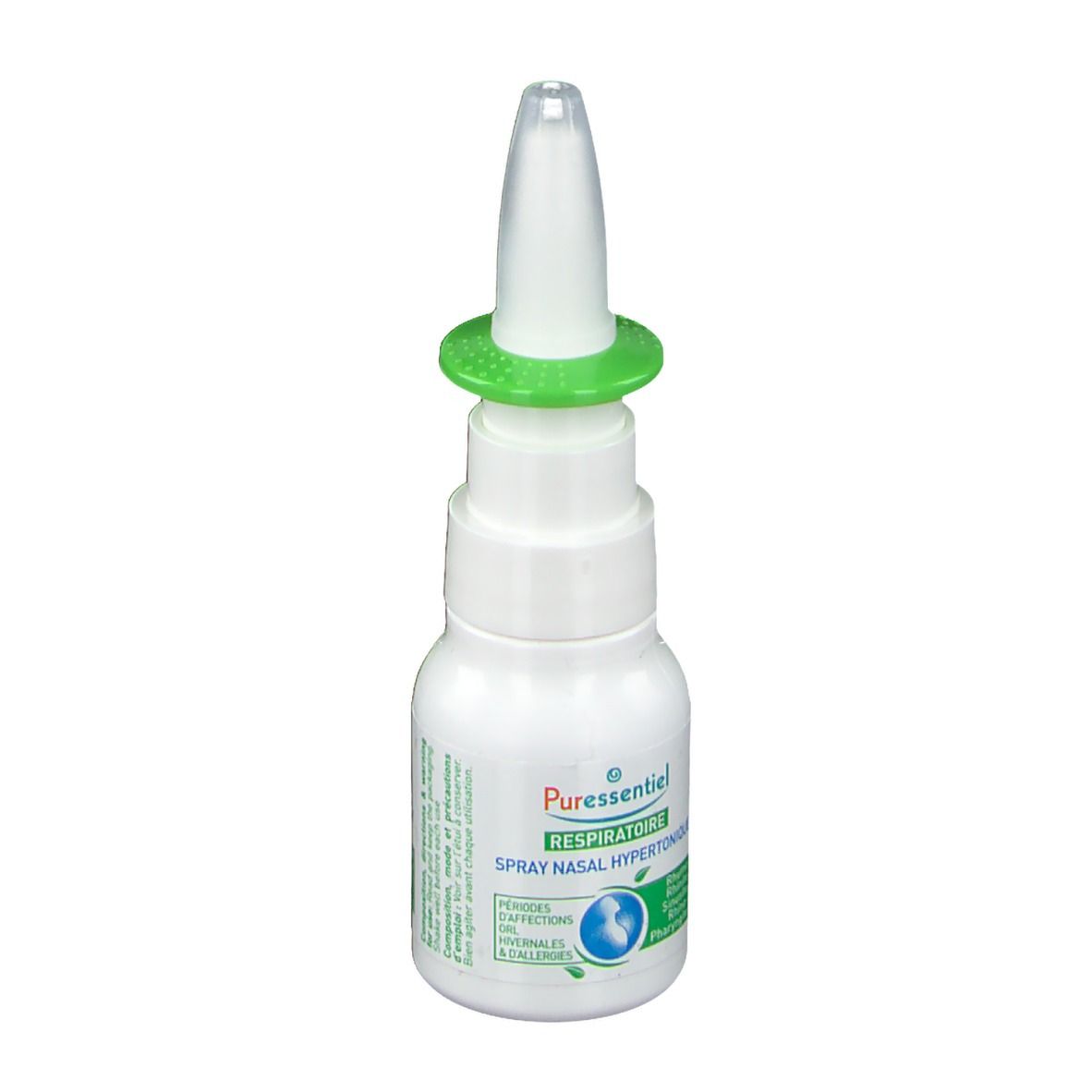 Spray nasal blanc, bague verte et embout. Inscription: Puressentiel Respiratoire Spray nasal hypertonique.