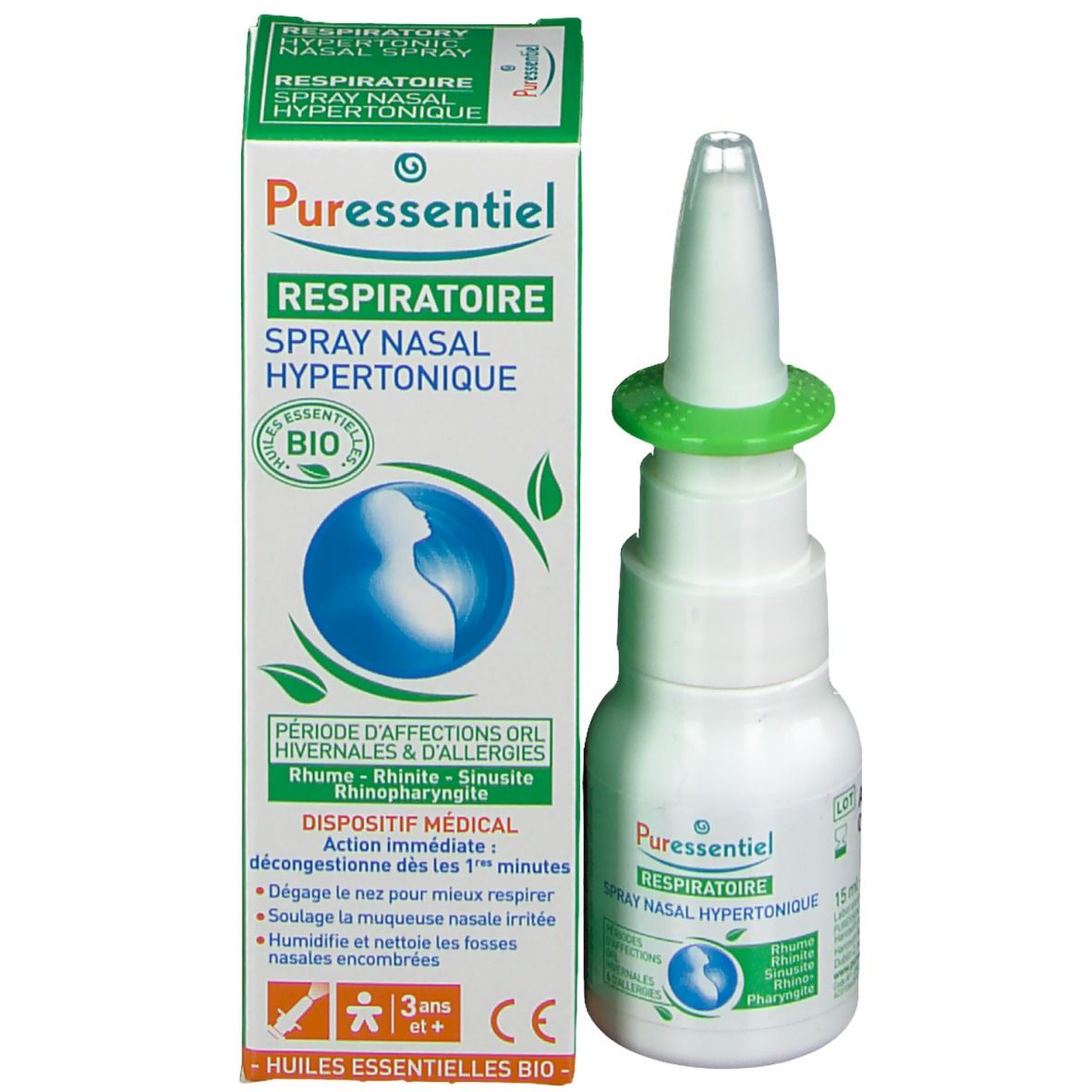 Emballage produit avec spray nasal et boîte. Inscription: Respiratoire Spray nasal hypertonique, BIO. Contient spray nasal.