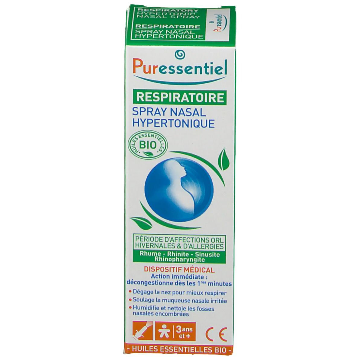 Emballage produit avec boîte. Inscription: Respiratoire Spray nasal hypertonique, BIO. Contient spray nasal.