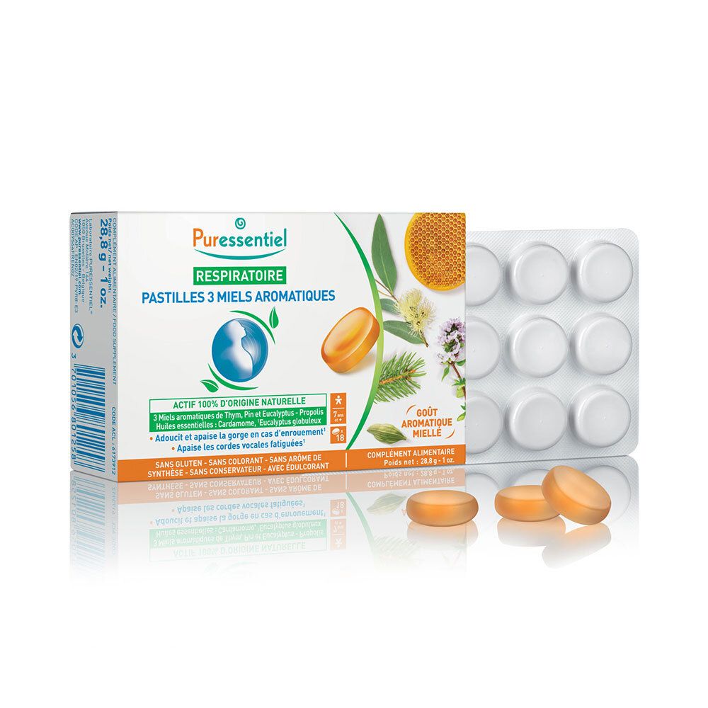Puressentiel Respiratoire Atmungsaktive Pastillen mit 3 aromatischen Honigsorten - 18 Pastillen