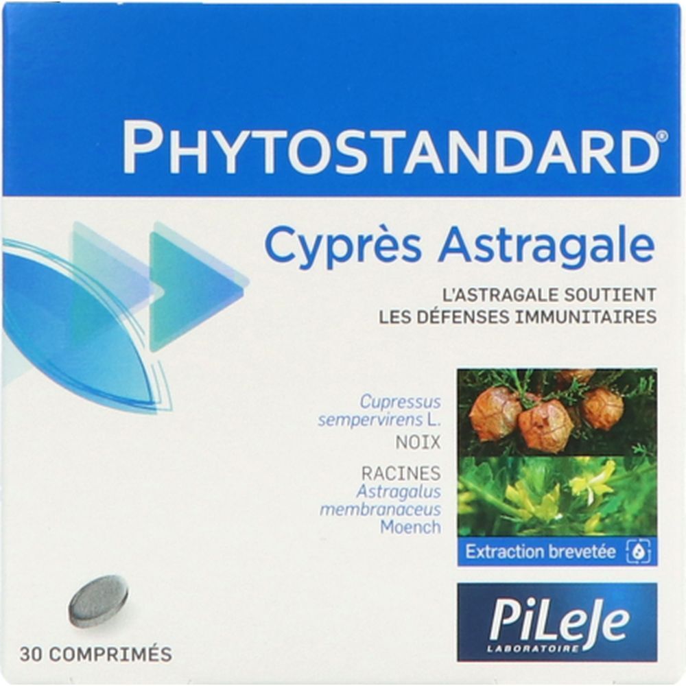 Boîte avec nom et détails du produit. 30 comprimés en bas. Image de plantes et logo.