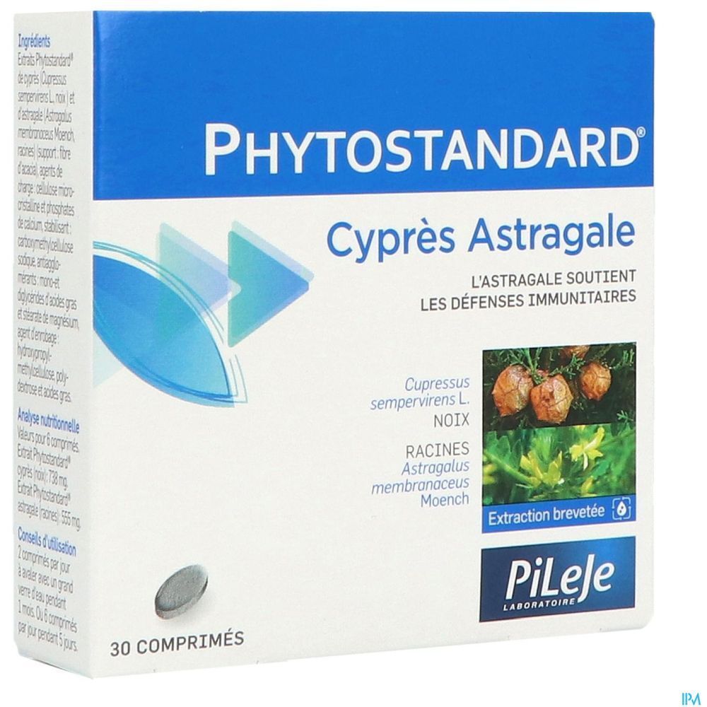 Emballage du produit avec nom et détails. 30 comprimés. Image de plantes et logo.