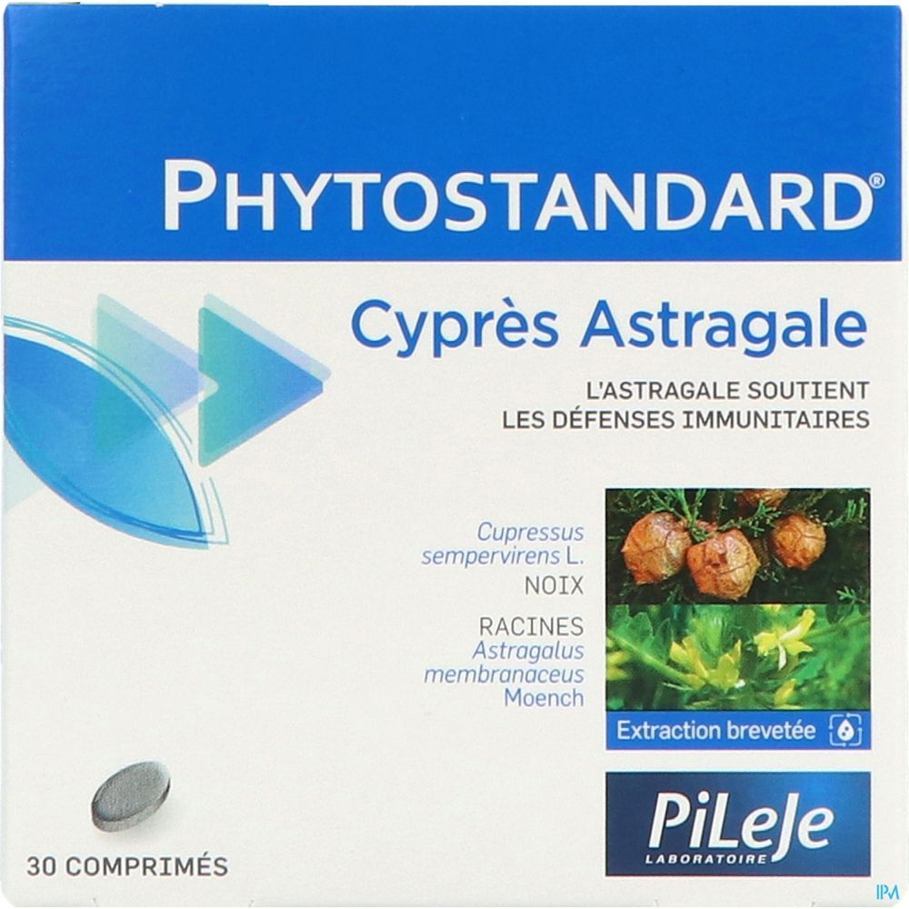 Emballage du produit avec nom et détails. 30 comprimés. Image de plantes et logo.