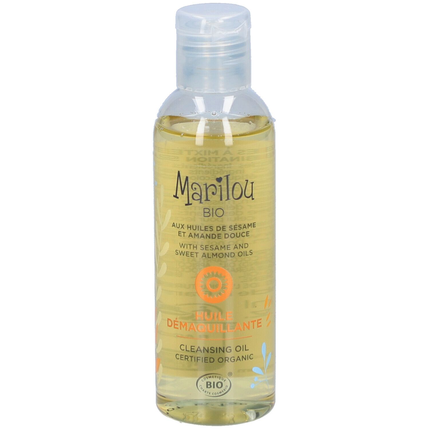 Flacon transparent contenant un liquide jaunâtre. Inscriptions: Marilou Bio, Huile Demaquillante. Certification Bio.