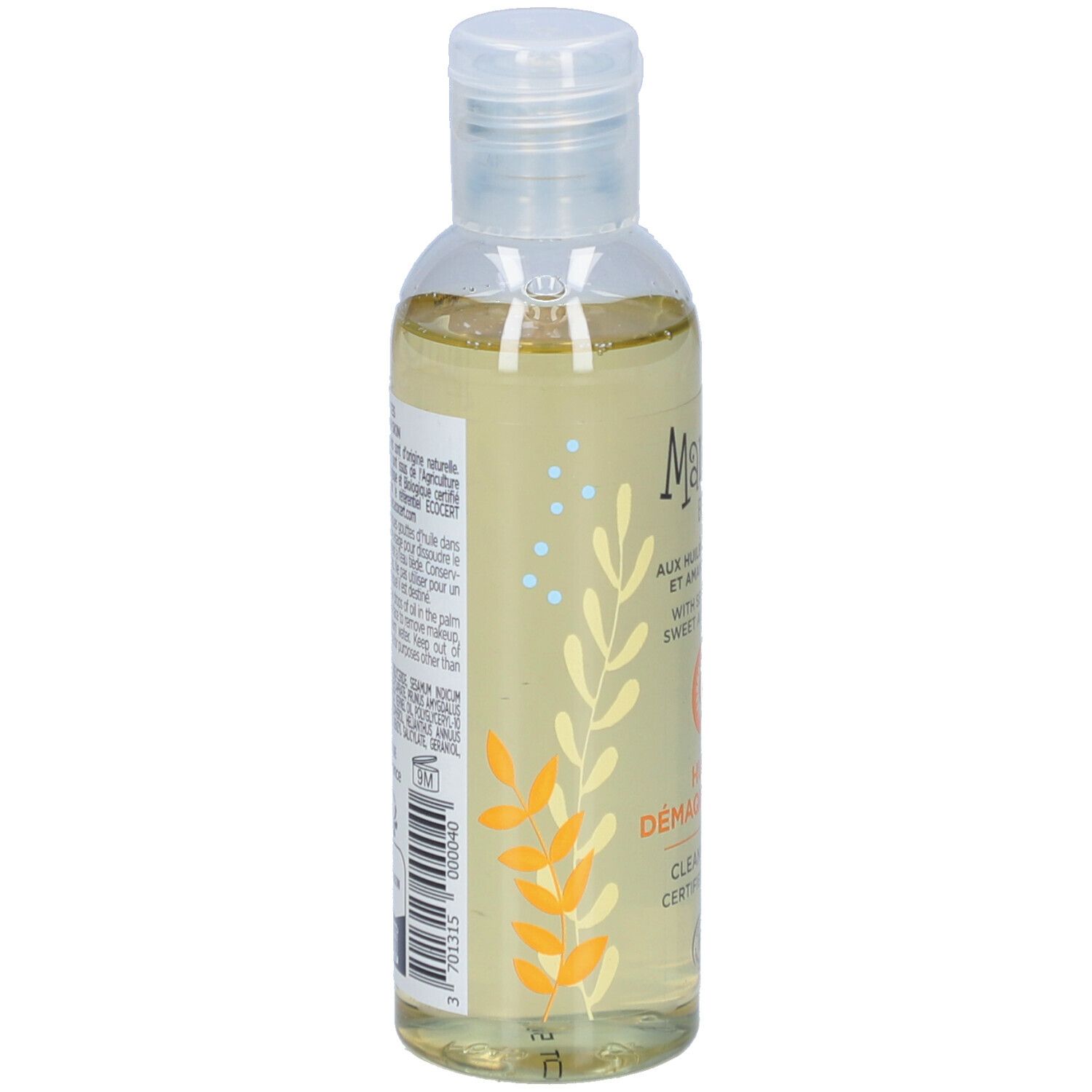 Flacon transparent avec liquide jaunâtre. Inscription: Marilou Bio. Dos avec texte et motifs floraux.