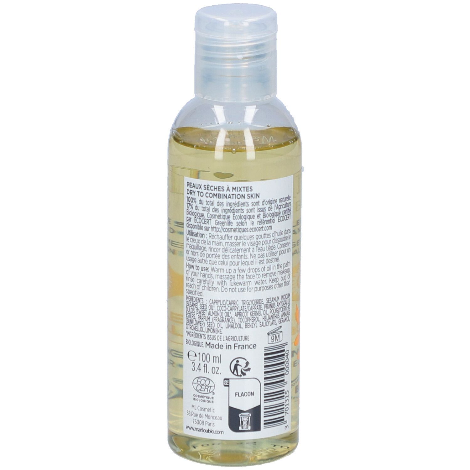 Flacon transparent avec liquide jaunâtre. Dos avec texte, ingrédients et certification Bio.