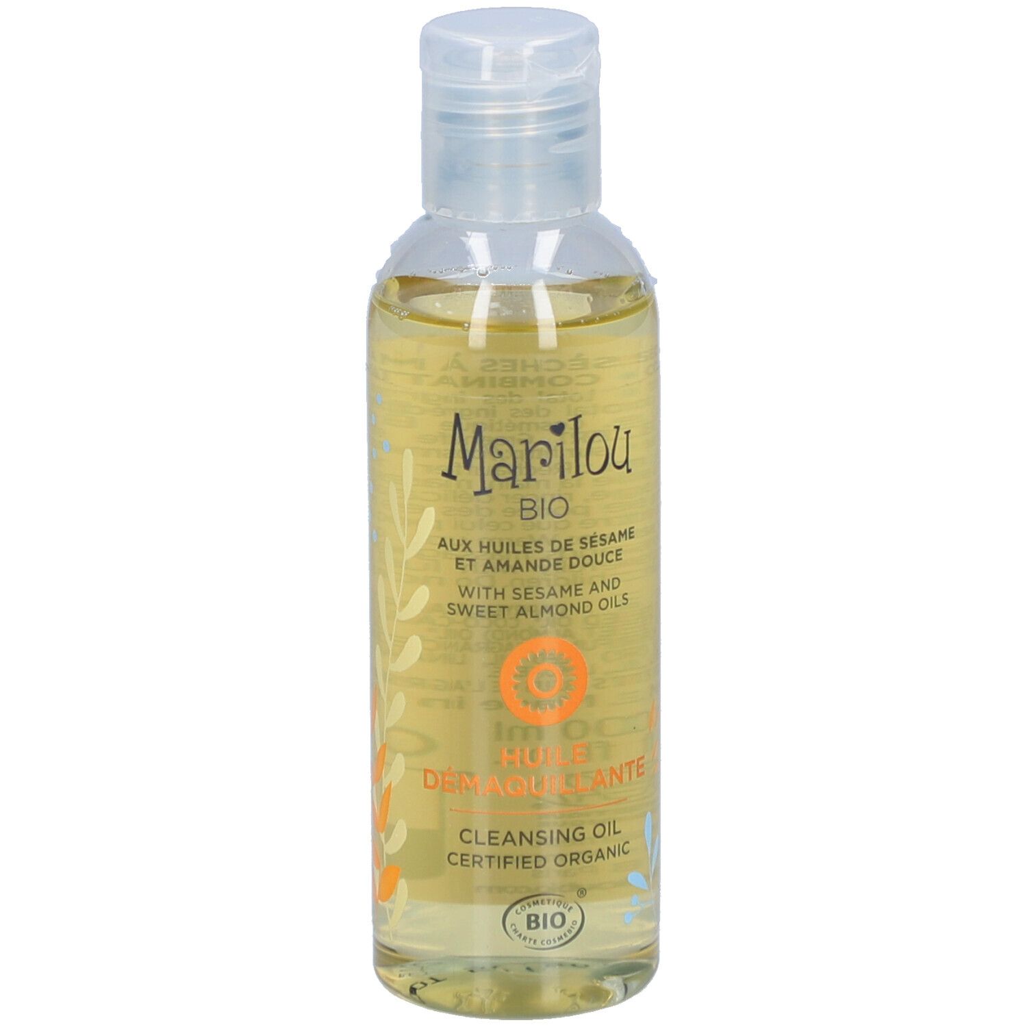 Flacon transparent contenant un liquide jaunâtre. Inscriptions: Marilou Bio, Huile Demaquillante. Certification Bio.