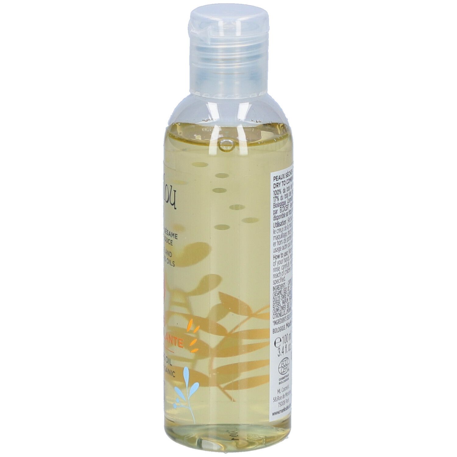 Flacon transparent avec liquide jaunâtre. Dos avec texte, ingrédients et certification Bio.