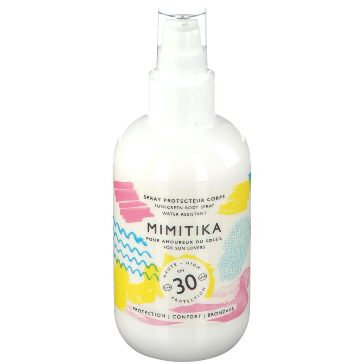 Spray protecteur corps MIMITIKA, LSF 30. Flacon blanc avec motifs colorés. Texte: Pour amoureux du soleil.