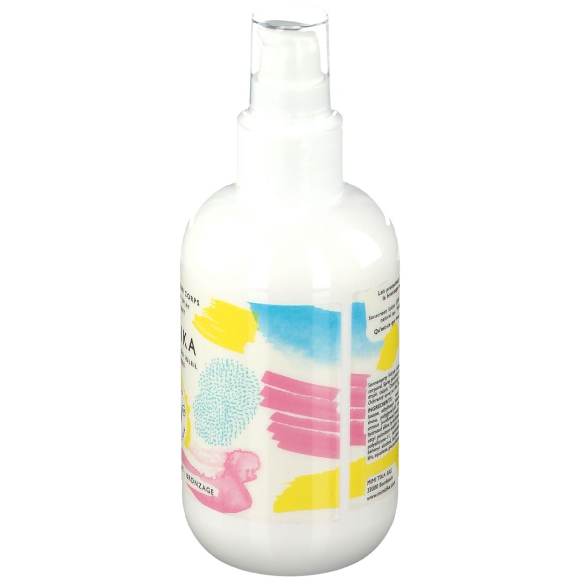 Dos du spray corporel blanc MIMITIKA. Inscriptions en plusieurs langues. Motifs colorés.