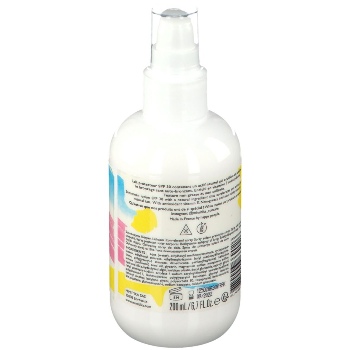 Dos du spray corporel blanc. Texte multilingue. Informations sur les ingrédients et le fabricant.