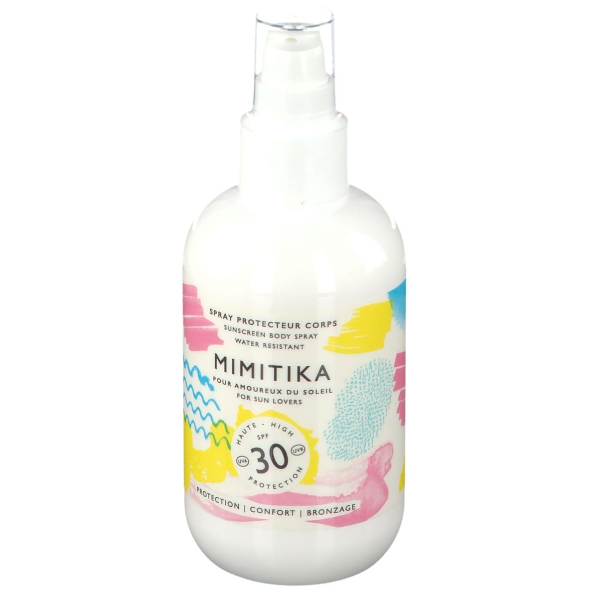 Spray protecteur corps MIMITIKA, LSF 30. Flacon blanc avec motifs colorés. Texte: Pour amoureux du soleil.