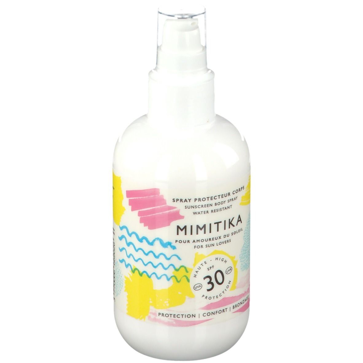 Spray protecteur corps MIMITIKA, LSF 30. Flacon blanc avec motifs colorés. Texte: Pour amoureux du soleil.