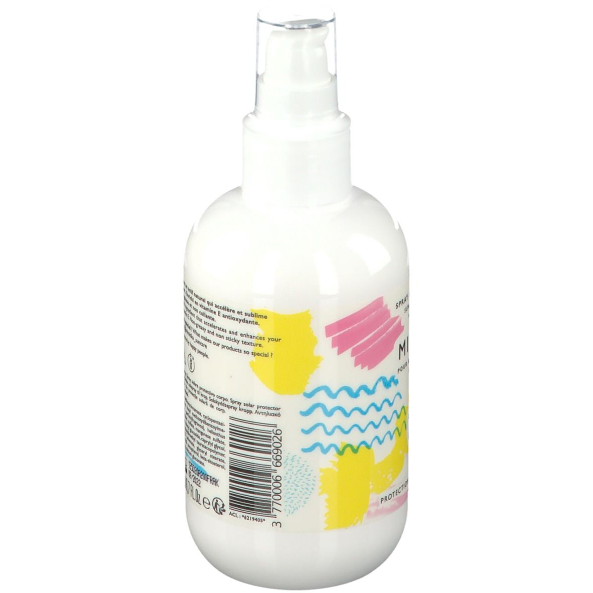 Dos du spray corporel blanc MIMITIKA. Inscriptions en plusieurs langues. Motifs colorés.