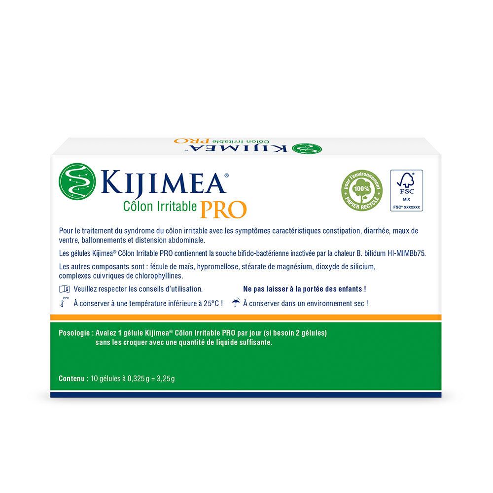 Dos de l'emballage KIJIMEA® Côlon Irritable PRO. Informations textuelles, ingrédients et certifications.