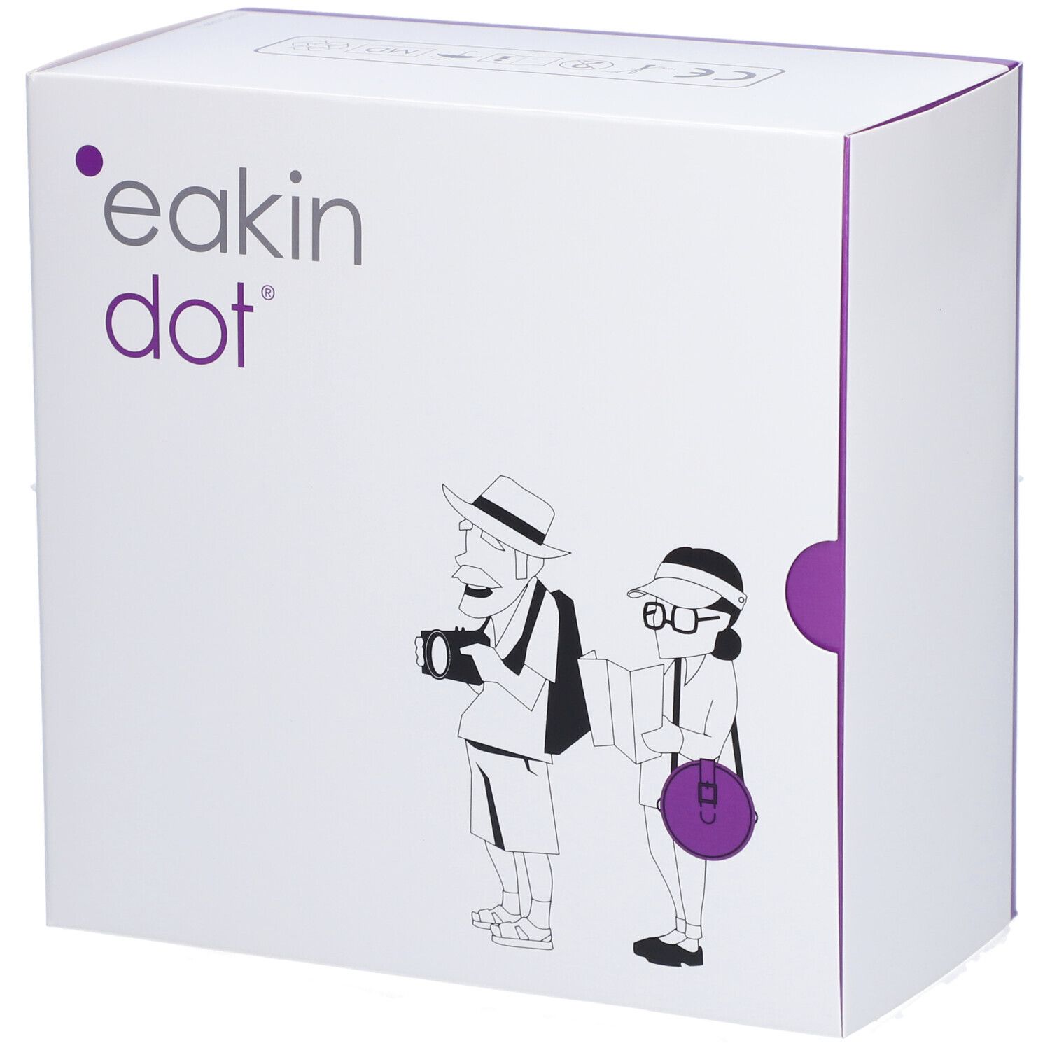 Boîte blanche avec accents violets. Inscription "eakin dot". Illustration de touristes. Emballage du produit.