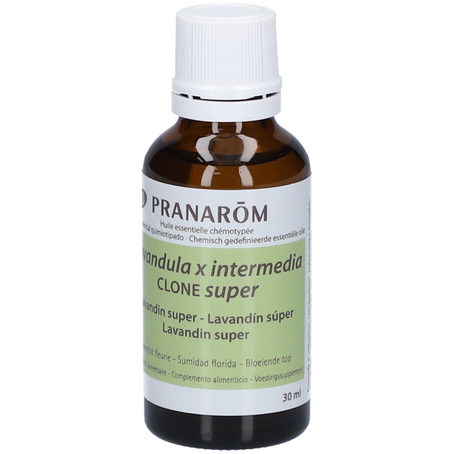 Flacon en verre brun avec bouchon blanc. Étiquette avec nom du produit et indication de volume. Label bio.