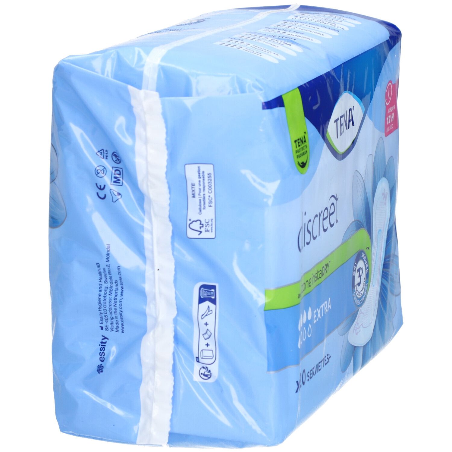 Vue latérale du paquet TENA discreet Extra. Emballage bleu avec informations produit. Contient 20 serviettes. Avec certifications.