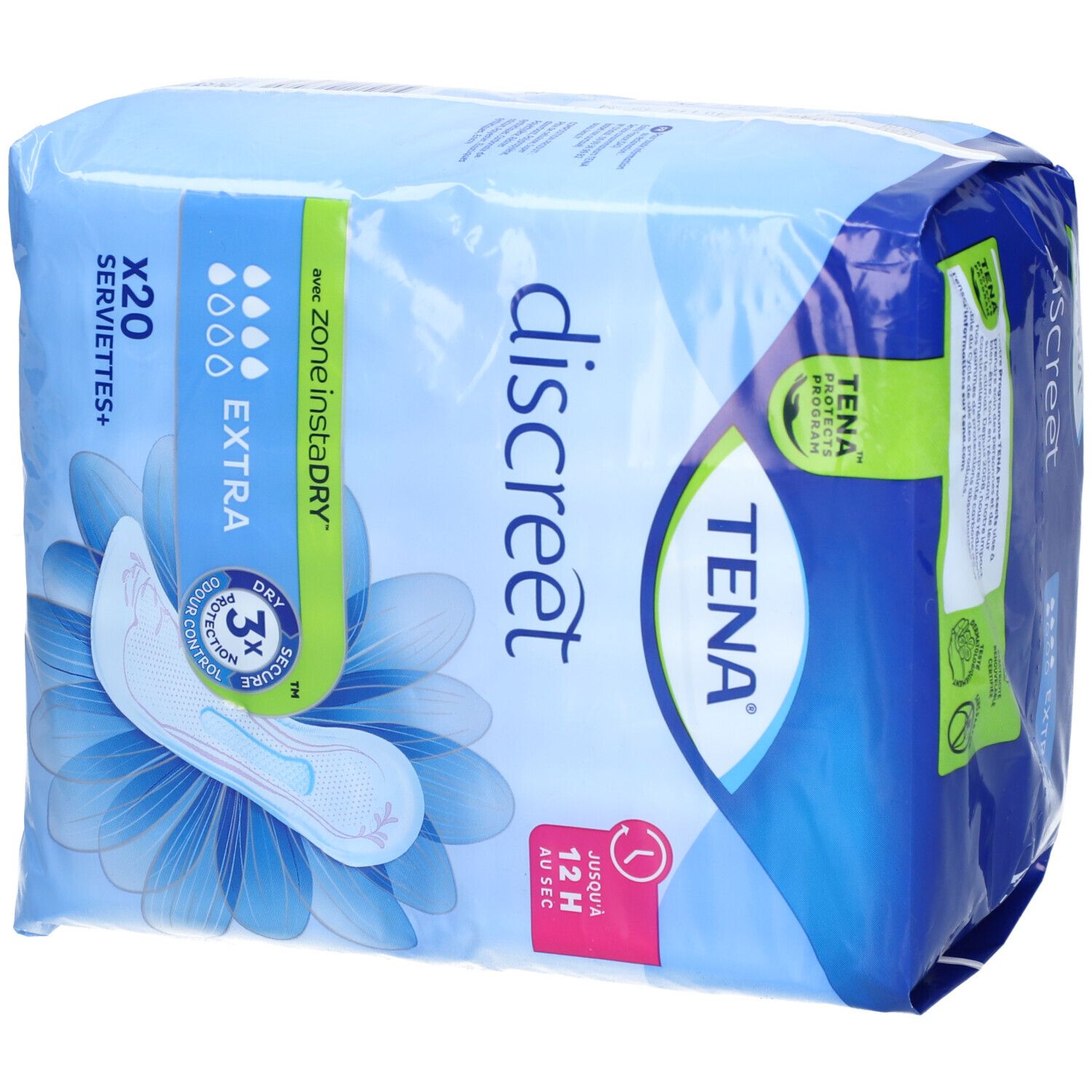 Paquet de TENA discreet Extra. Emballage bleu avec image du produit. Contient 20 serviettes. Avec Zone instaDRY et protection 3x.