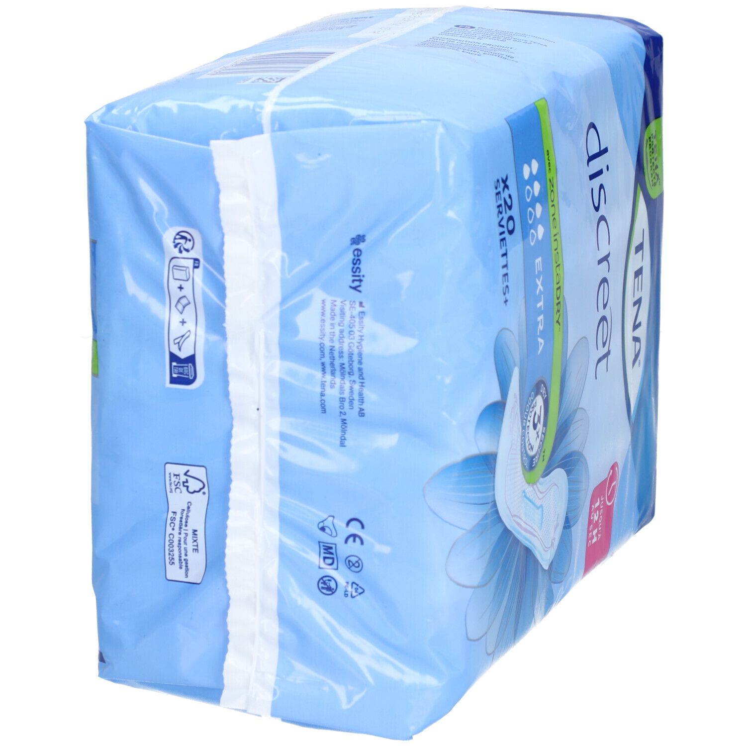 Vue latérale du paquet TENA discreet Extra. Emballage bleu avec informations produit. Contient 20 serviettes. Avec certifications.