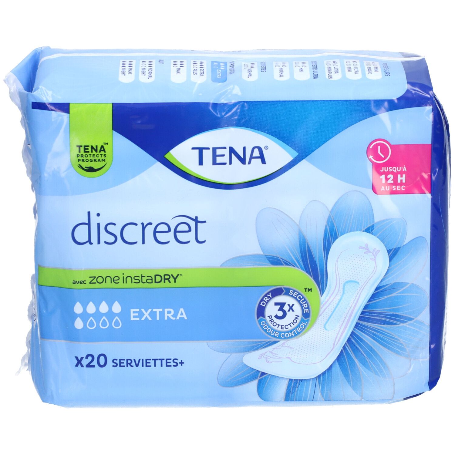 Paquet de TENA discreet Extra. Emballage bleu avec image du produit. Contient 20 serviettes. Avec Zone instaDRY et protection 3x.