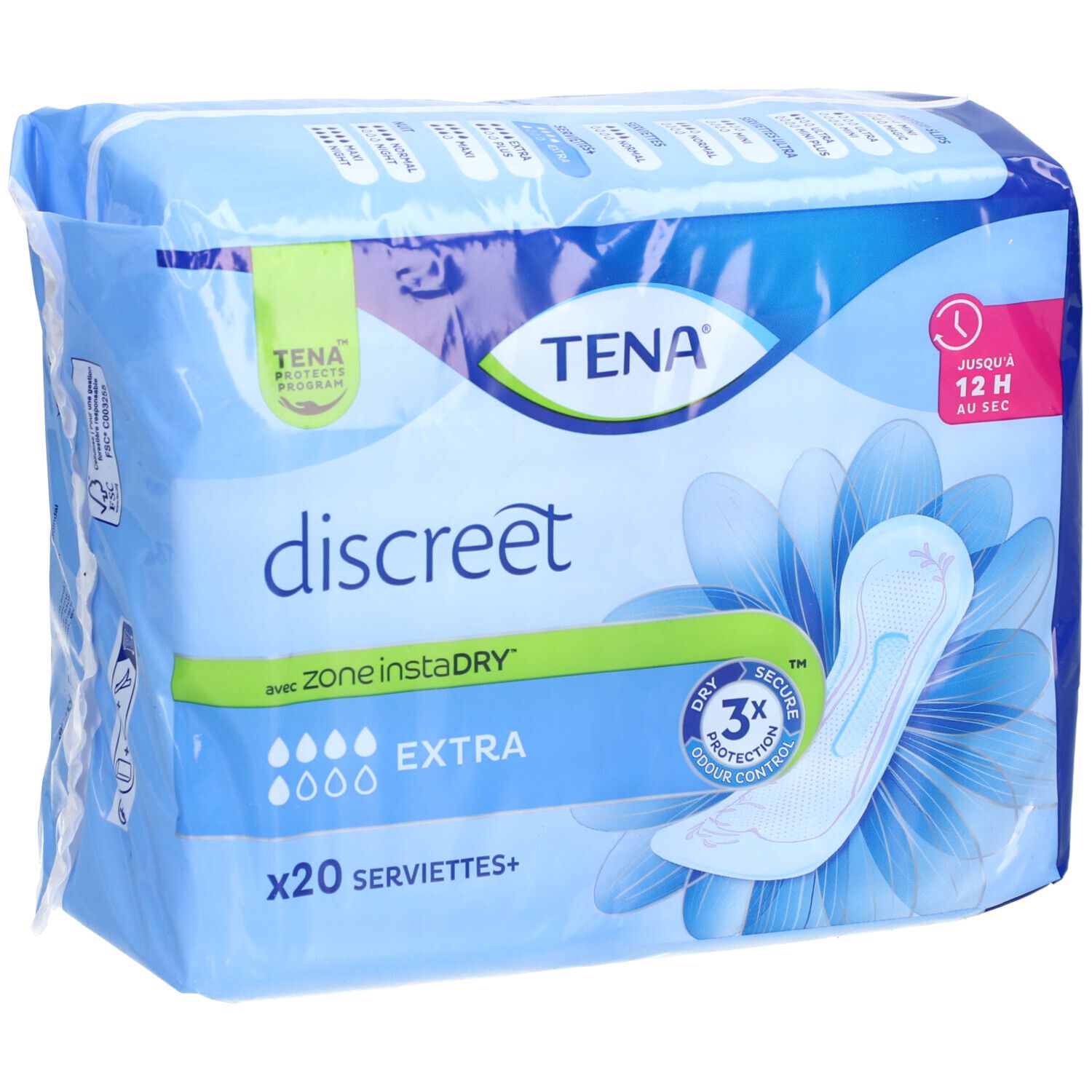 Paquet de TENA discreet Extra. Emballage bleu avec image du produit. Contient 20 serviettes. Avec Zone instaDRY et protection 3x.