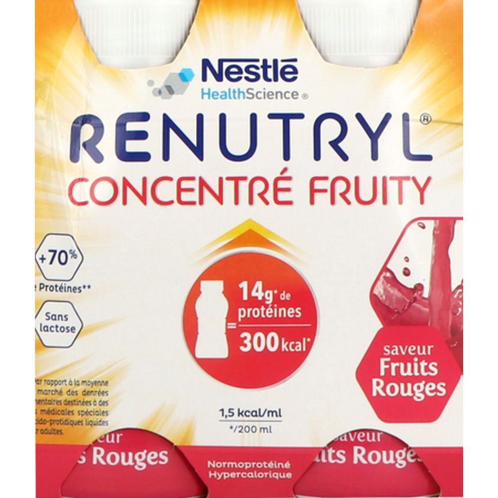 Emballage de bouteilles. Inscription: RENUTRYL CONCENTRÉ FRUITY, 14g protéines, 300 kcal, saveur Fruits Rouges. Marque: Nestlé HealthScience.