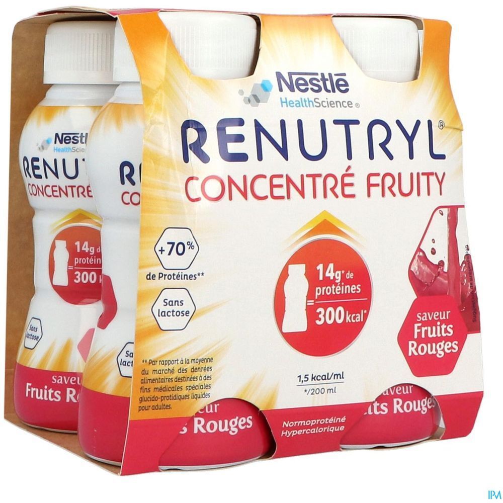 Emballage de bouteilles. Inscription: RENUTRYL CONCENTRÉ FRUITY, 14g protéines, 300 kcal, saveur Fruits Rouges. Marque: Nestlé HealthScience.