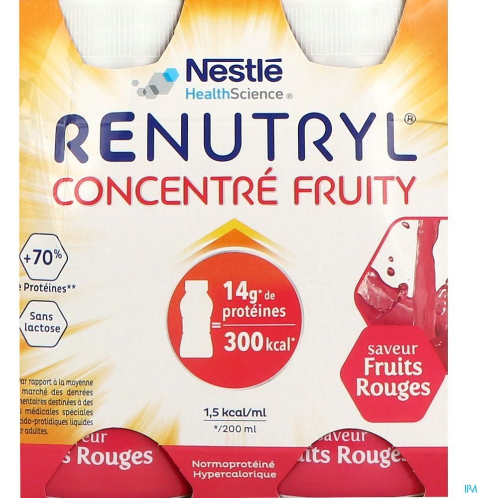 Emballage de bouteilles. Inscription: RENUTRYL CONCENTRÉ FRUITY, 14g protéines, 300 kcal, saveur Fruits Rouges. Marque: Nestlé HealthScience.