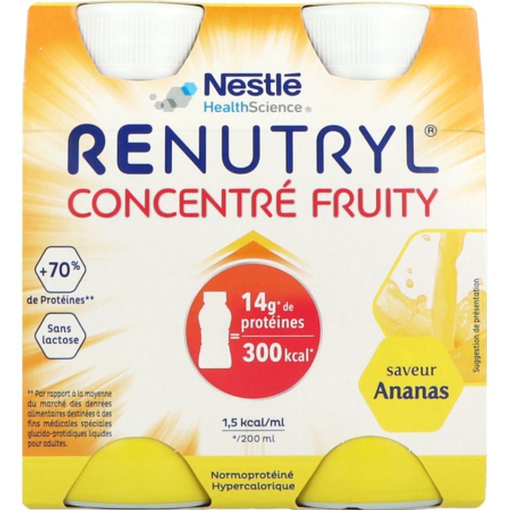 Emballage de quatre bouteilles Renutryl Concentré Fruity. Contient +70% de protéines, sans lactose, 14g de protéines, 300 kcal, saveur Ananas.
