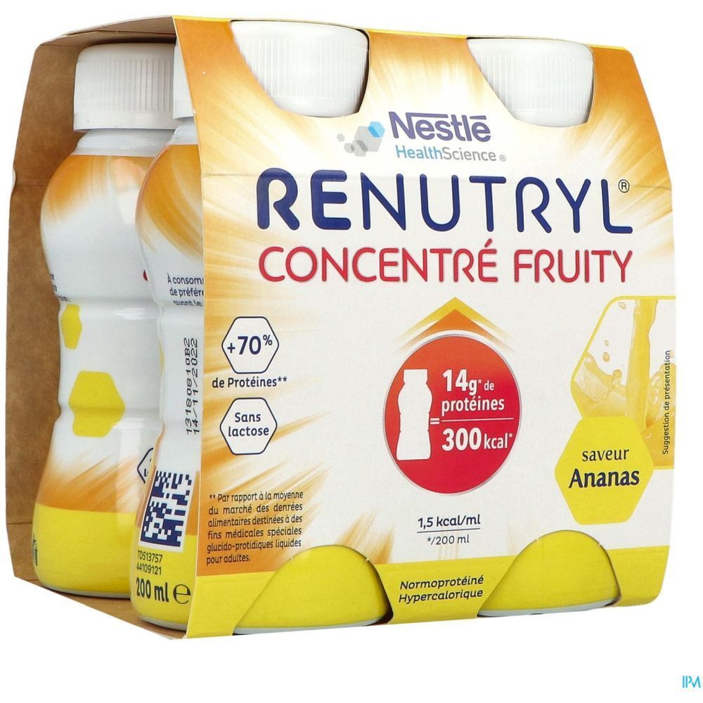 Emballage avec trois bouteilles Renutryl Concentré Fruity. Contient +70% protéines, sans lactose, 14g protéines, 300 kcal, saveur Ananas. 200 ml.