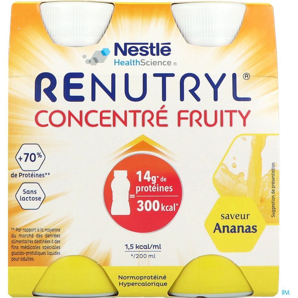 Emballage de quatre bouteilles Renutryl Concentré Fruity. Contient +70% de protéines, sans lactose, 14g de protéines, 300 kcal, saveur Ananas.